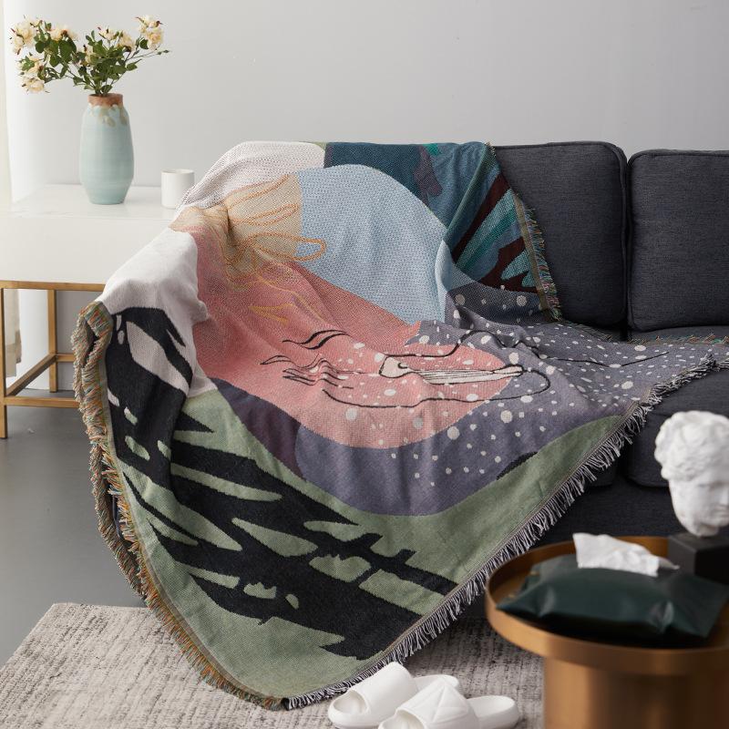 Colorful Jacquard Printed Chenille Woven Bohemian Hippie Sofa Throw Blanket Tapestry Machine Washable Customizable