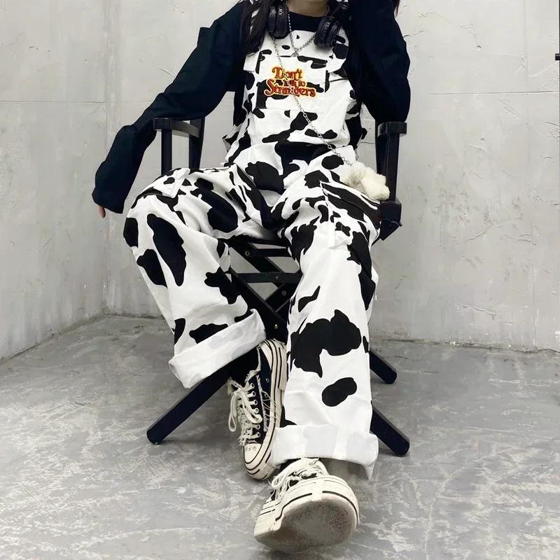 Mono de Vaca Estampado para Mujer Negro Blanco Cuadros Overoles Casuales Harajuku Pantalones Holgados Hip-hop
