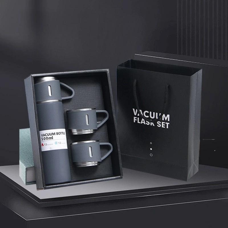 500ml One Cup Three Lid Stainless Steel Insulated Bottle Business 304 Large Capacity Thermos High End Gift Box Set Water Cup