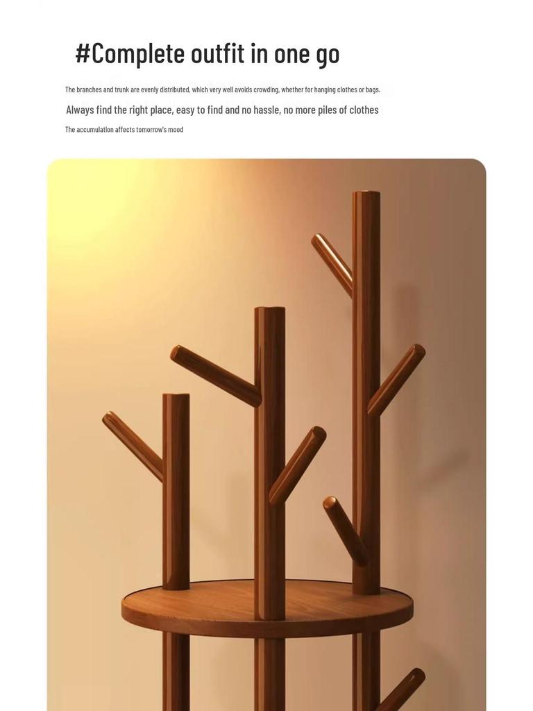 Solid Wood Rotating Floor Coat Rack - Vertical Clothes Hanger for Bedroom and Living Room