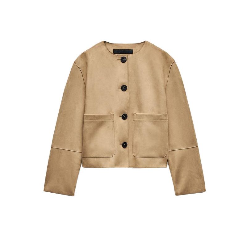 

Весна Новая Женская Одежда Эффект Замшевой Текстуры Круглый Вырез Длинные Рукава Куртка Верхняя Одежда 6318233 6318034 Tan L