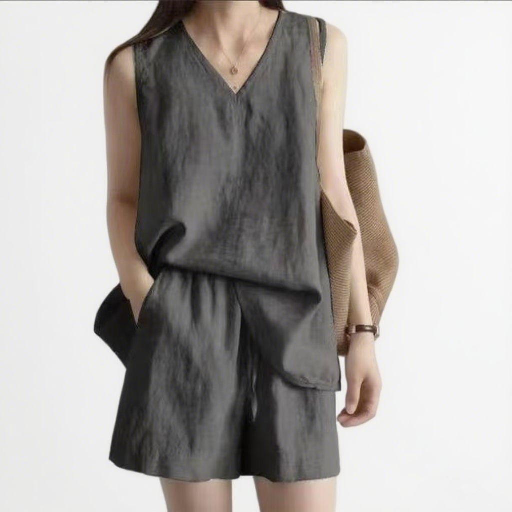 Summer Cotton Linen Casual Sleeveless Two-Piece Set Simple Top Shorts Fashion Design Comfortable Polyester Blend Women's Outfit