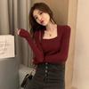 Women's Stylish U-Neck Long Sleeve Knit Top - Fashionable Autumn/Winter Solid Color Sweater