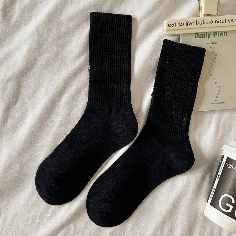 

Женские носки с дырками, летние тонкие носки до середины икры, однотонные хлопковые носки, весенне-осенние спортивные носки с махрой 1 pair чёрный