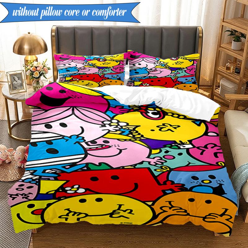 3PCS Mr Man Colorful Creatures Bedding Set 2D Printing (Includes 1 Duvet Cover + 2 Pillowcases Coreless), Bedroom decor,Fan gift