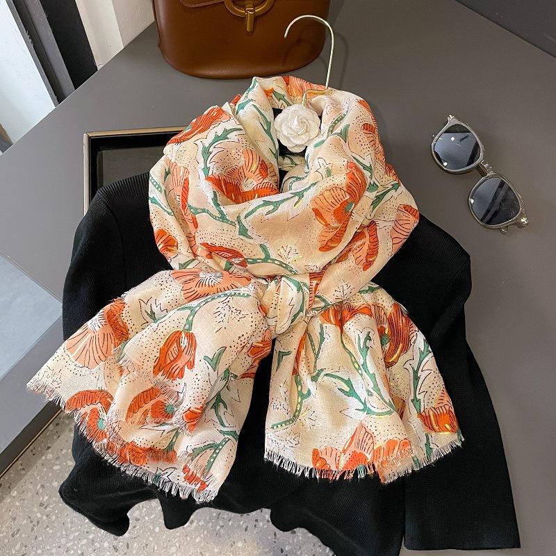 Spain Fashion Lotus Floral Fringe Viscose Shawl Scarf Lady High Quality Wrap Pashmina Stole Bufandas Muslim Hijab 180*90Cm