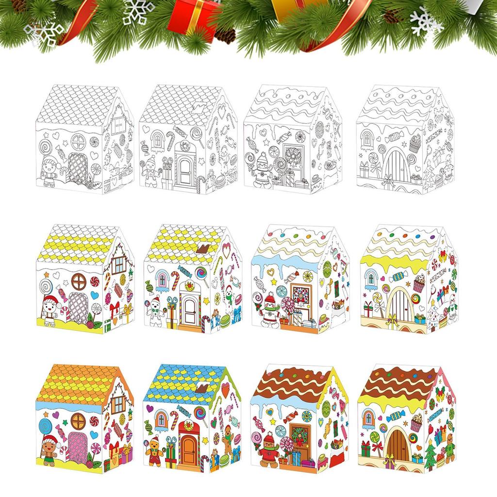 12pcs Christmas Paper Colored Houses DIY Handmade Colored Cardboard Houses Holiday Party Gifts For Teens Girls boys