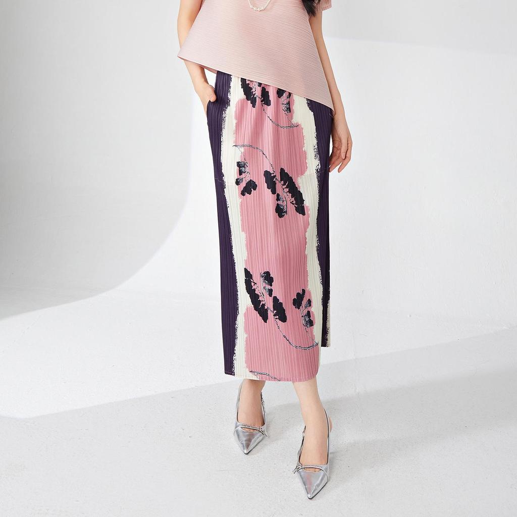 Pleated Print Midi Skirt 2024: High-End Temperament with Back Slit, Versatile Bodycon Design for Women