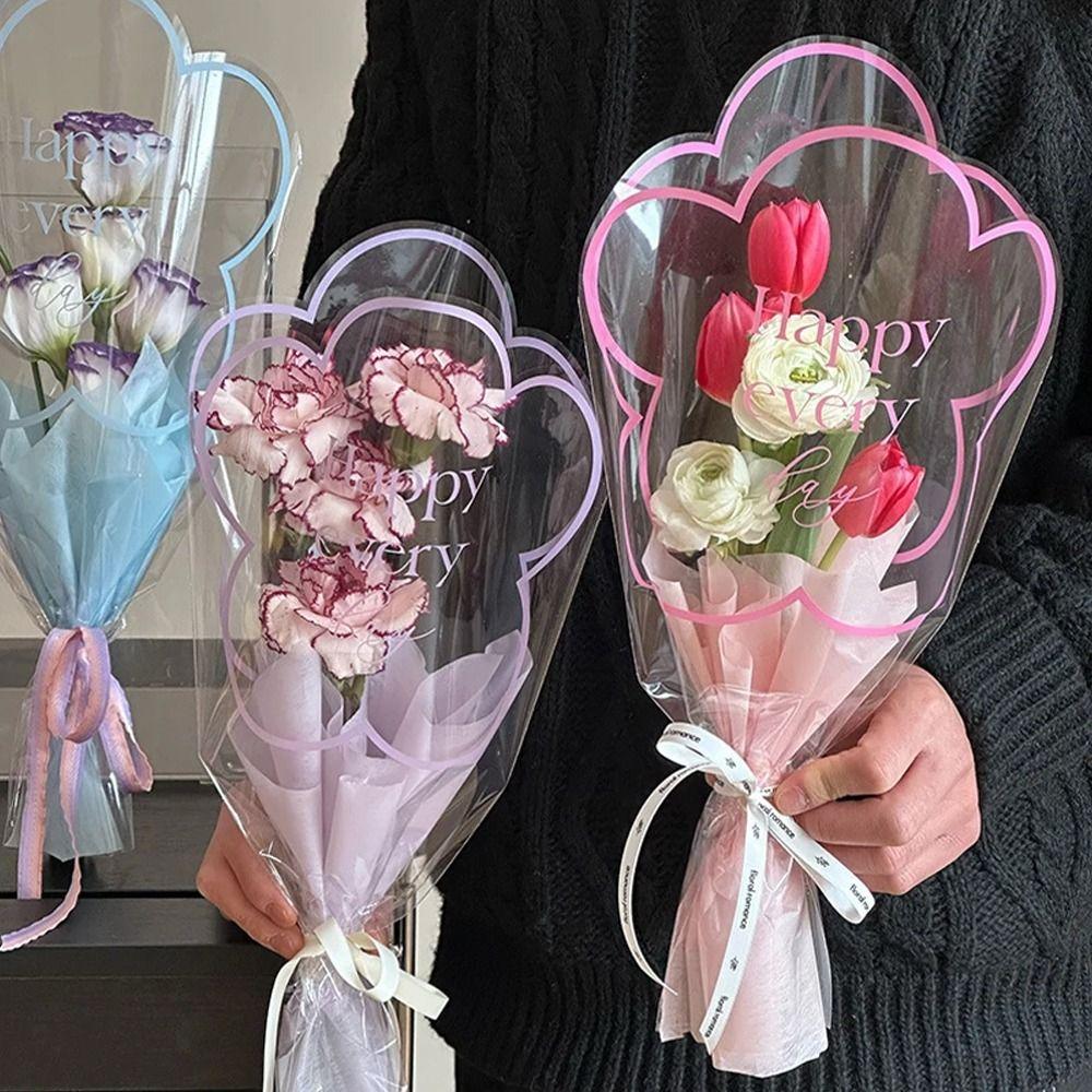 50pcs Transparent Flowers Packaging Plastic Bags Portable Bouquet Wrapping Paper Florist