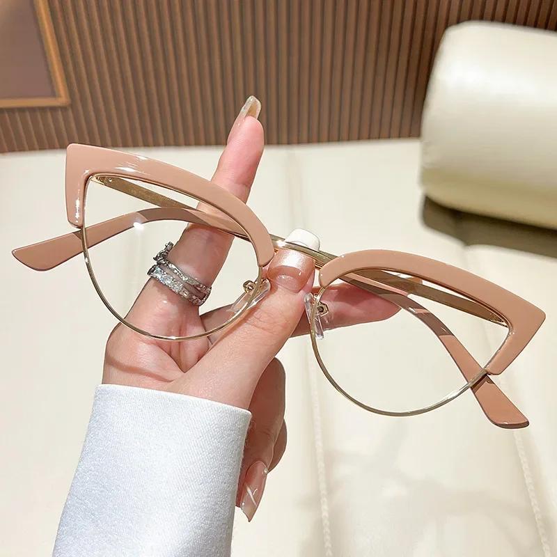 Metal Half Frame Cat Eye Reading Glasses Anti-blue Light Far Sight Glasses Women's Grade Presbyopia Glasses Diopters To +4.0