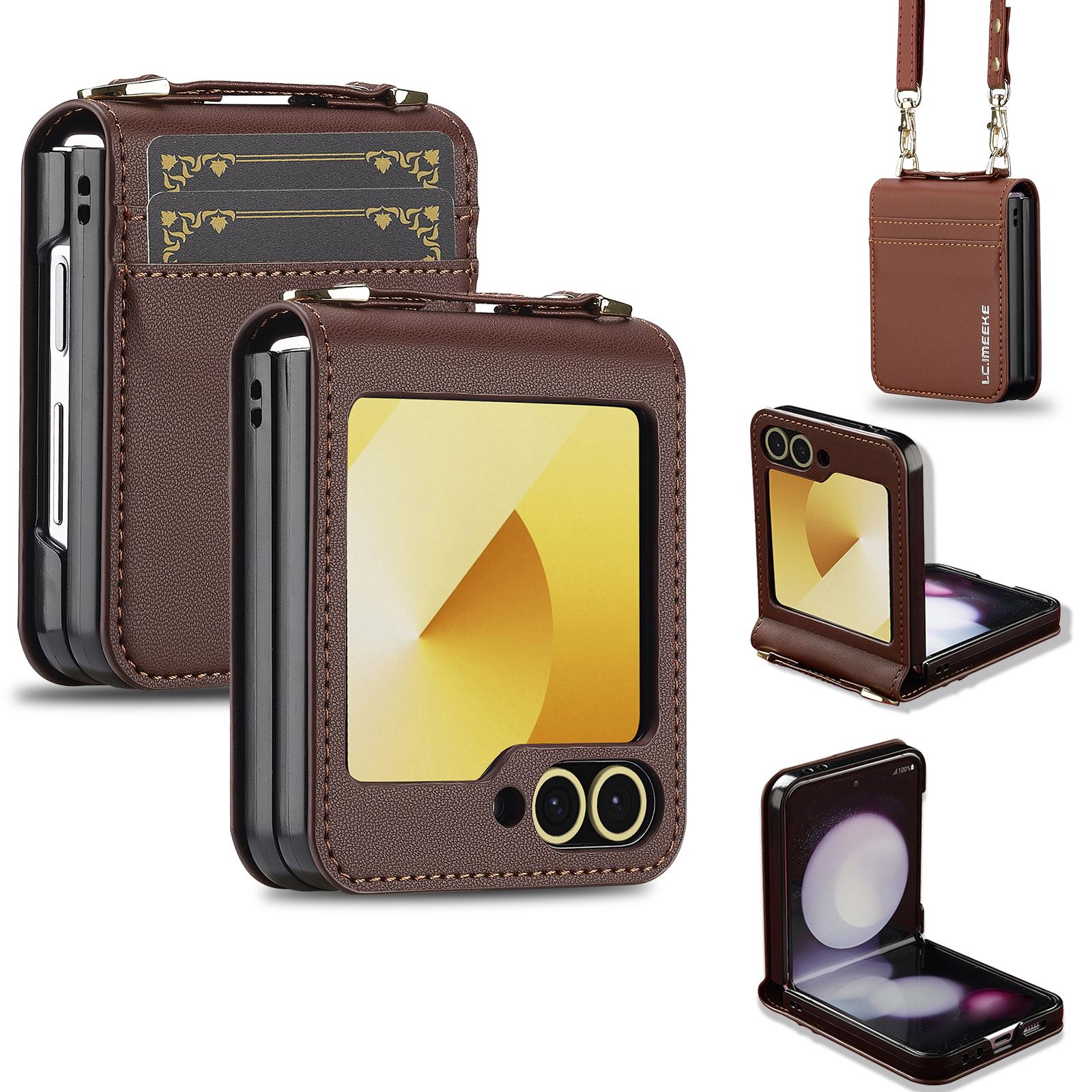 

LC.IMEEKE for Samsung Galaxy Z Flip6 5G Case Leather+PC Phone Cover with Straps Card Slots Brown