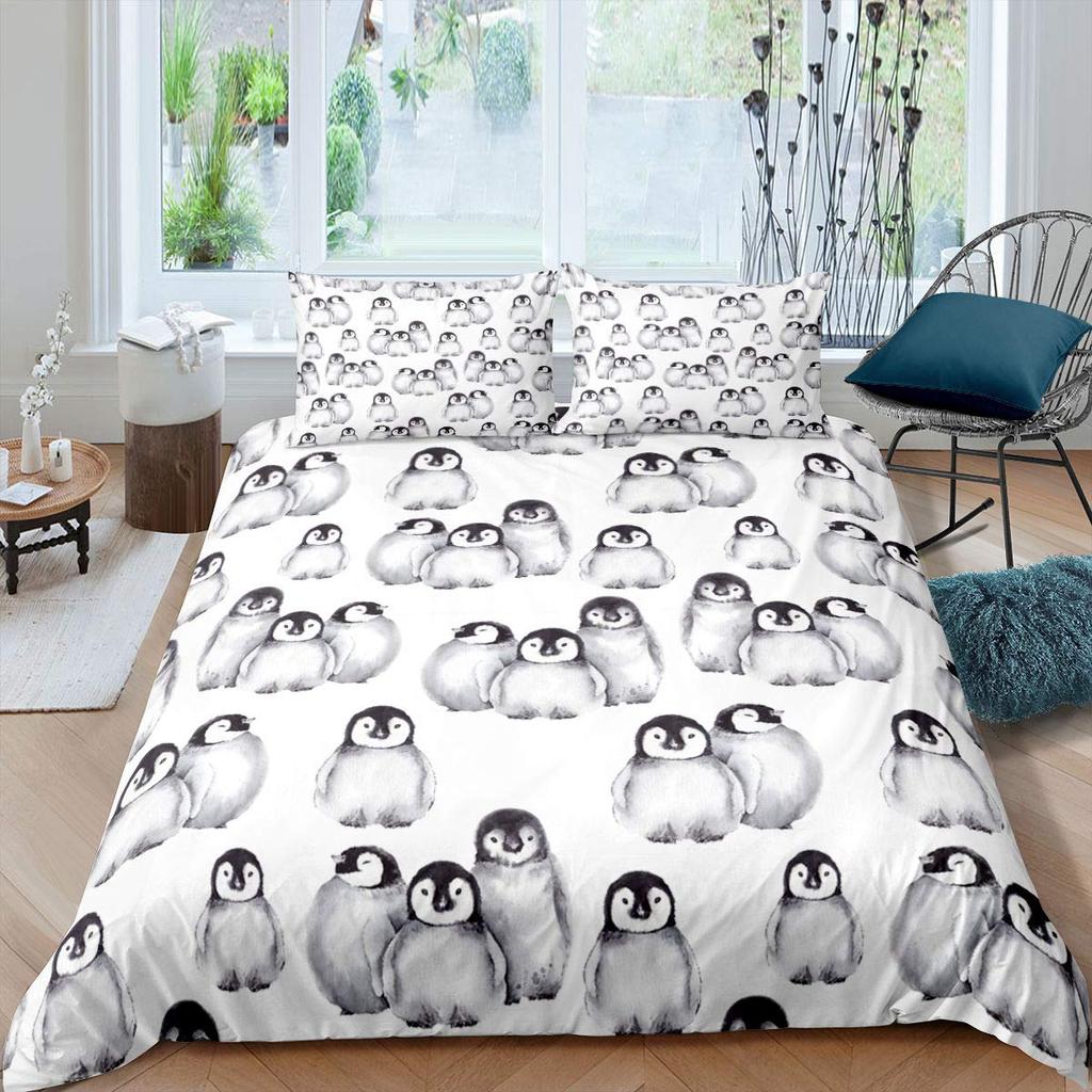 Penguin Comforter Cover Kawaii Animal Print Black White Little Penguin Duvet Cover Blue Iceberg Antarctica Winter Bedding Set