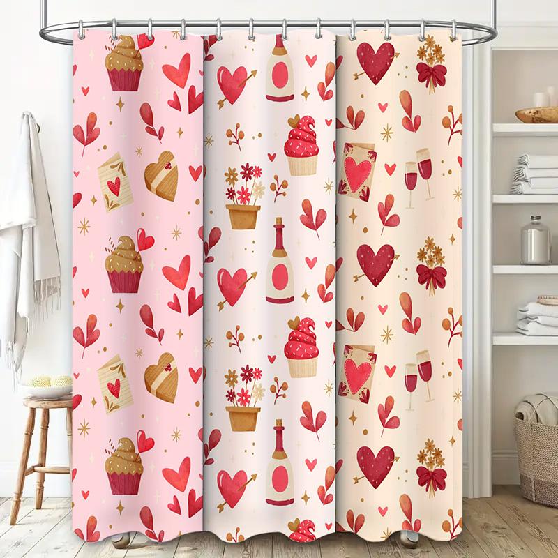 Pink White Red Love Heart Cupcake Wine Glass Flower Shower Curtain Bathroom Decor Set for Valentine's Day Wedding Gift Ideas Wat