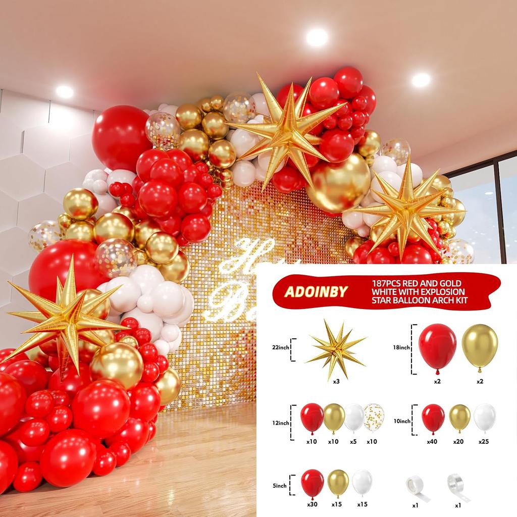 187/140pcs Red, Black, and Gold with Exploding Star Balloon Arch Set, Suitable for Birthday and Christmas Decoration