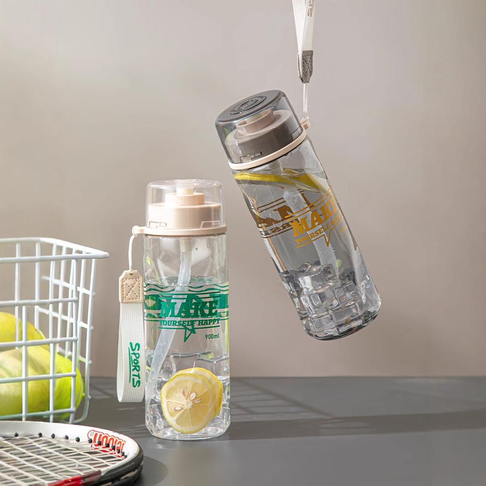 Water bottle simple transparent large capacity plastic cup student fitness sports straw cup outdoor portable rope cup wholesale