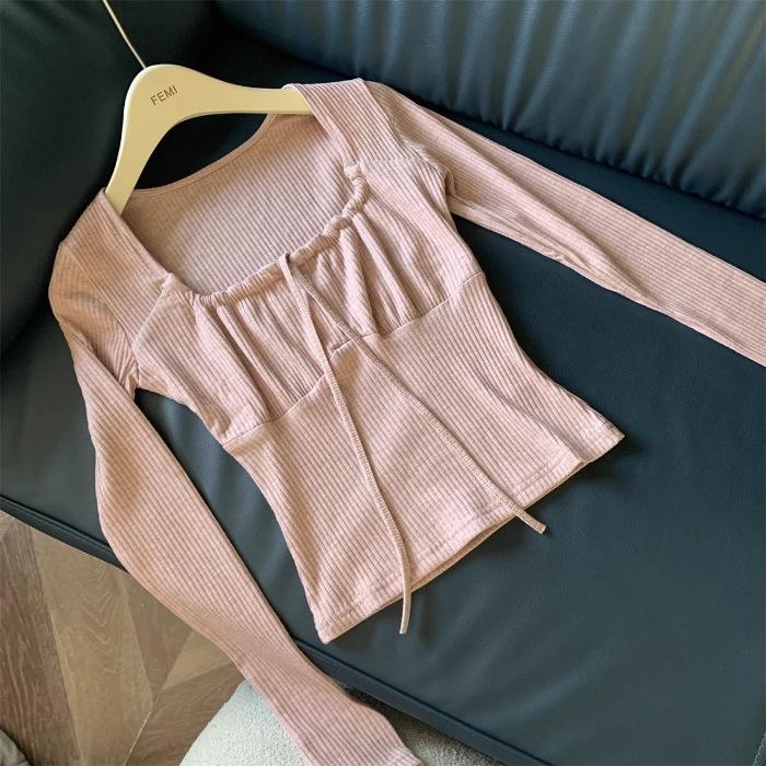 

Pure Desire Square Neck Slim Fit Long Sleeve Top for Women - Spring/Autumn Niche Style Small розовый