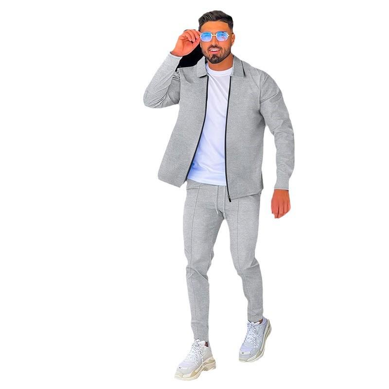 Autumn 2025 Men's Waffle Knit Long Sleeve Zip Cardigan & Turn-Down Collar Casual Sports Set