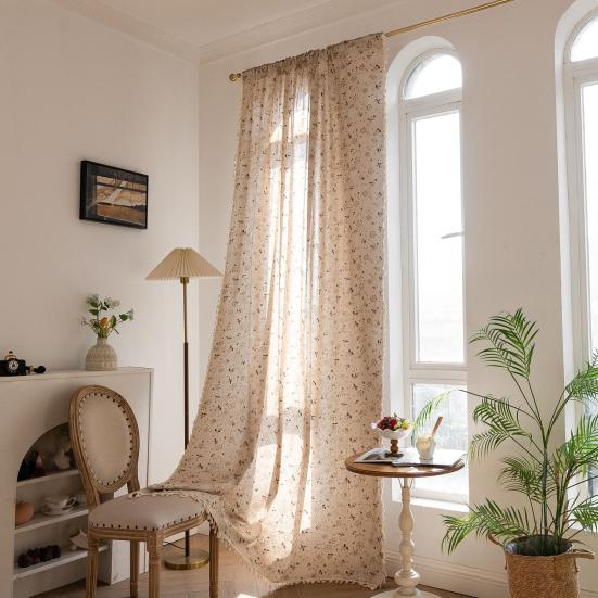 Panou Curtain Boho cu Imprimeu Floral și Margine cu Ciucuri Buzunar pentru Baghetă Draperie Filtrantă pentru Lumină pentru Decor Fereastră Living Dormitor Casă la Țară