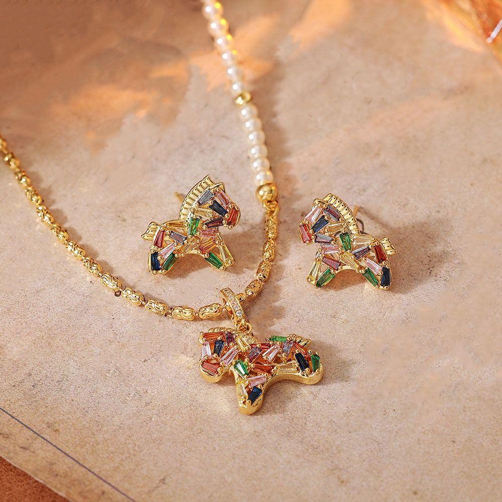 Copper New Year Pony Jewelry Set Good Luck Vintage Zircon Earrings Necklace  Girls