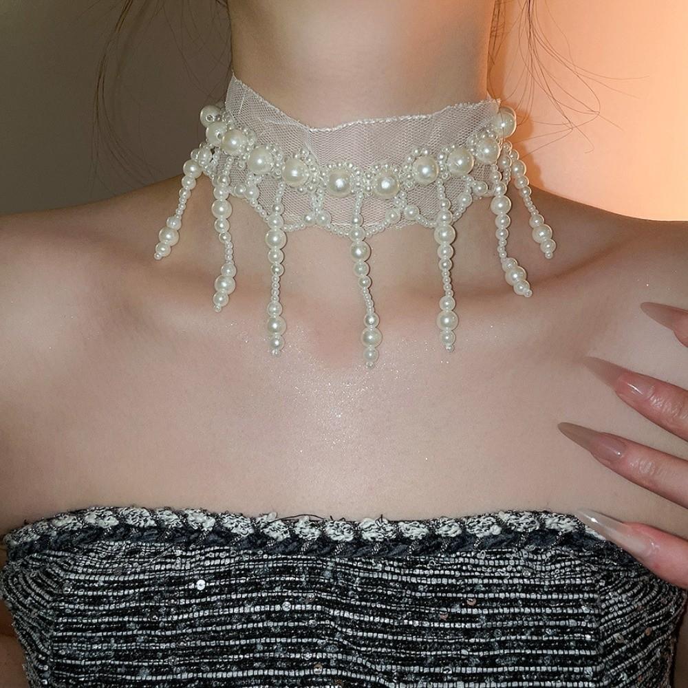 Creative Tassel Beads Necklace White Mesh Neck Jewelry Adjustable Pearl Lace Choker  Daily
