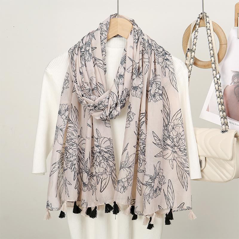 Elegant Floral Printed Hijab Cotton Viscose Tassel Shawl For Woman Fashion Beach Long Scarf Ladies Flower Headscarf 180*90cm