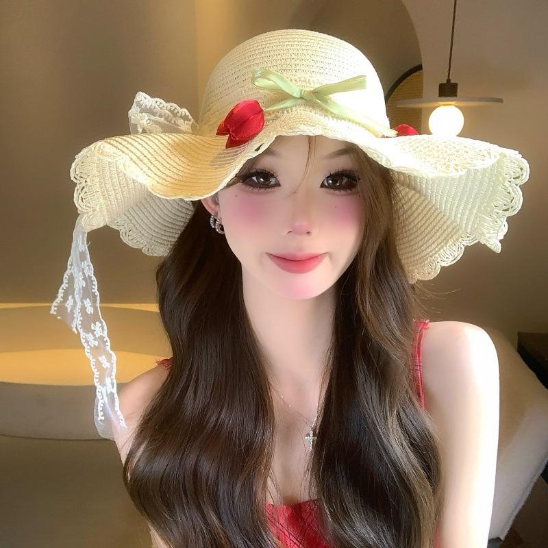 Brim Lace Sunscreen Seaside Hat Beach Sun Hat Ladies Shade Straw Hat Summer Flower Shade Hat