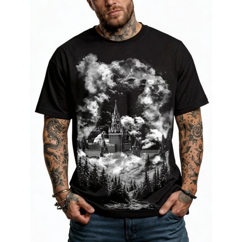 Summer Men's Short-Sleeve T-Shirt Brown Bear Landscape Pattern Print Lightweight Durable Hiking Casual Attire Casual Man Clothes