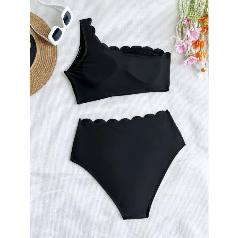 Sexy Black White Patchwork Bikini Women Ruffles One Shoulder Push Up High Waist Swimsuit Summer Bathing Suit Vacation Swimwear
