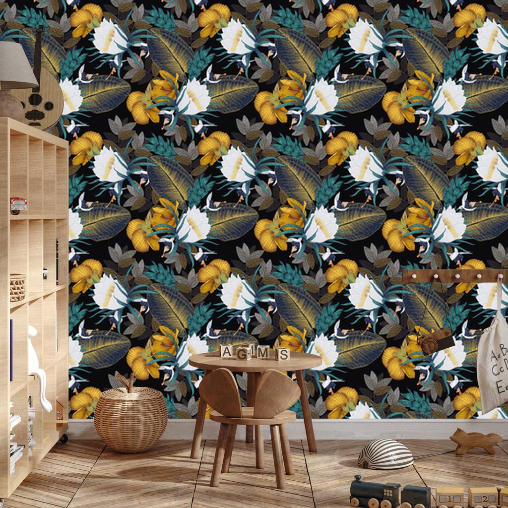 Exotic Leaves and Flowers Wallpaper for Living Room and Bedroom 50x1000