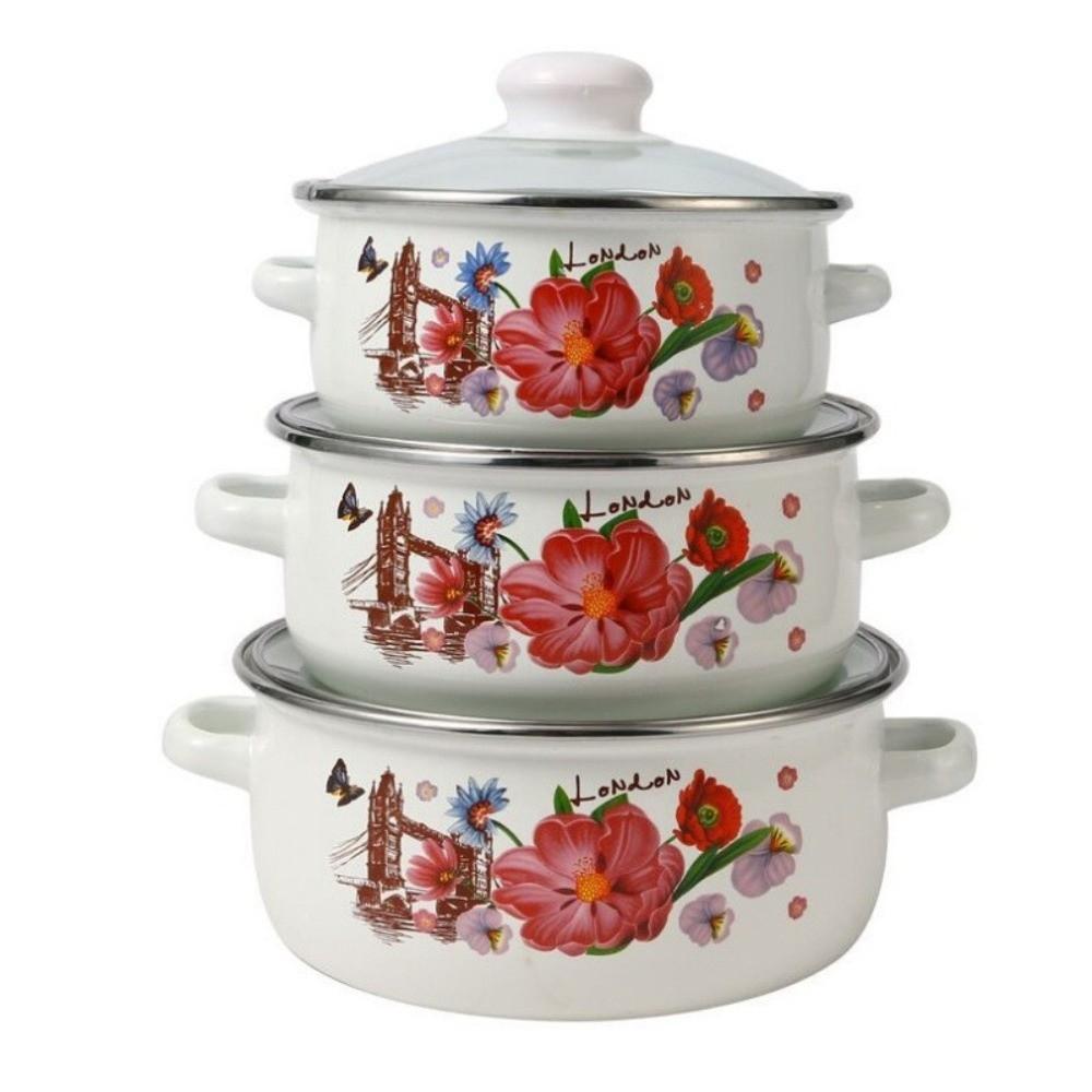 

3шт 16/18/20см Емальована каструля Видимі кухонні інструменти Потовщена каструля для тушкування супу Газова індукційна плита D