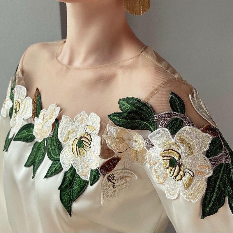 Bluză din satin mozaic din plasă de primăvară, toamnă, cămașă elegantă brodata Topuri cu decolteu lung, mânecă lanternă, haine pentru femei
