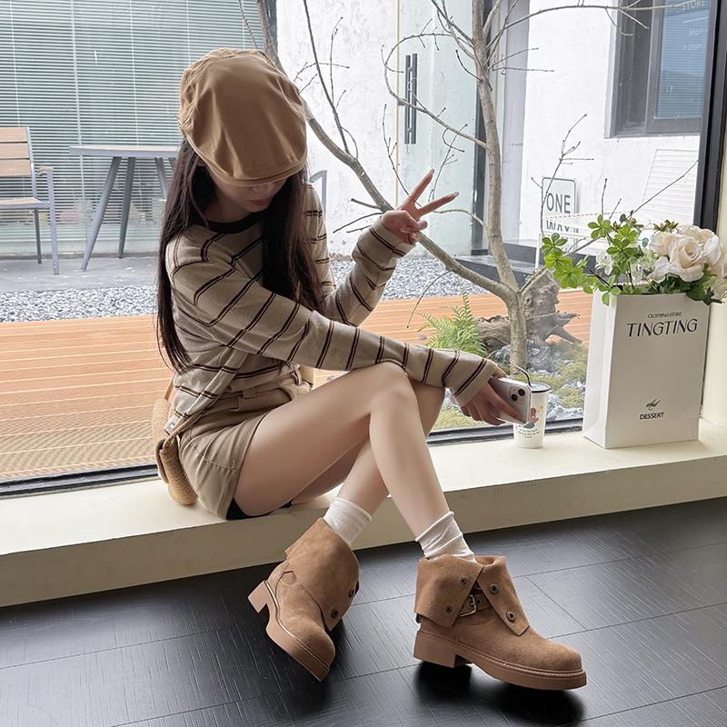 Western two wear denim fashion boots autumn new with skirt retro Maillard polished thick heel medium boots women