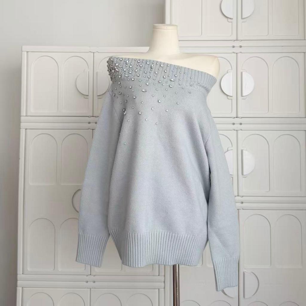 Stardust Shards Hot & Spicy Hot Dog One-Shoulder Diamond Mid-Neck Sweater