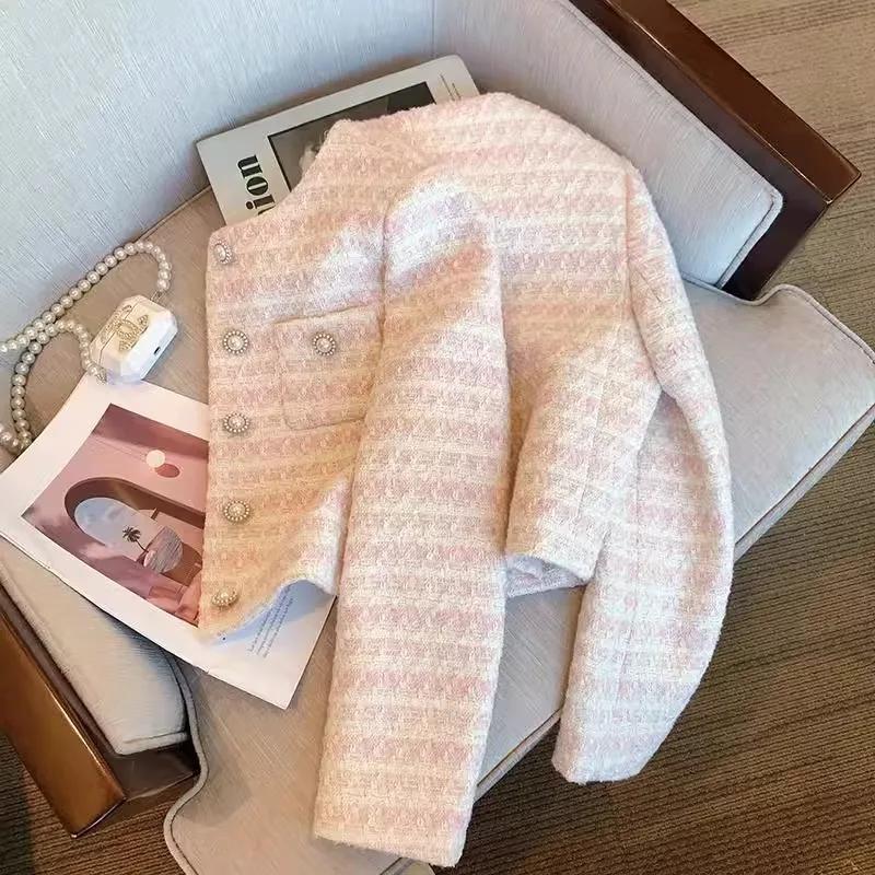 Spring Autumn Elegant Loose-Fit Tweed Style Jacket Women's Pearl Button Cardigan Fashionable Cropped
