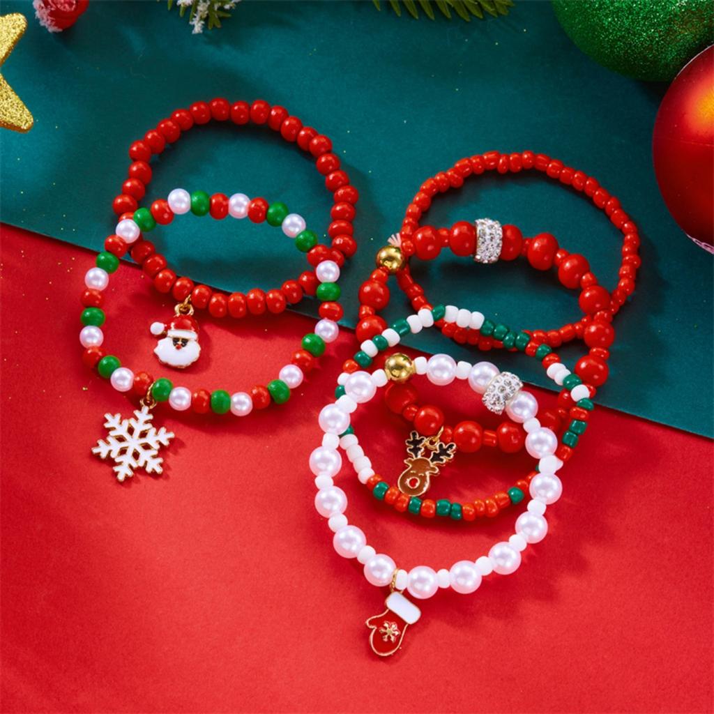 Christmas Snowflake Candy Snowman Reindeer Santa Claus Bell Soft Clay Crystal Rice Bead Multi-Layer Bracelet For Women Men Gift