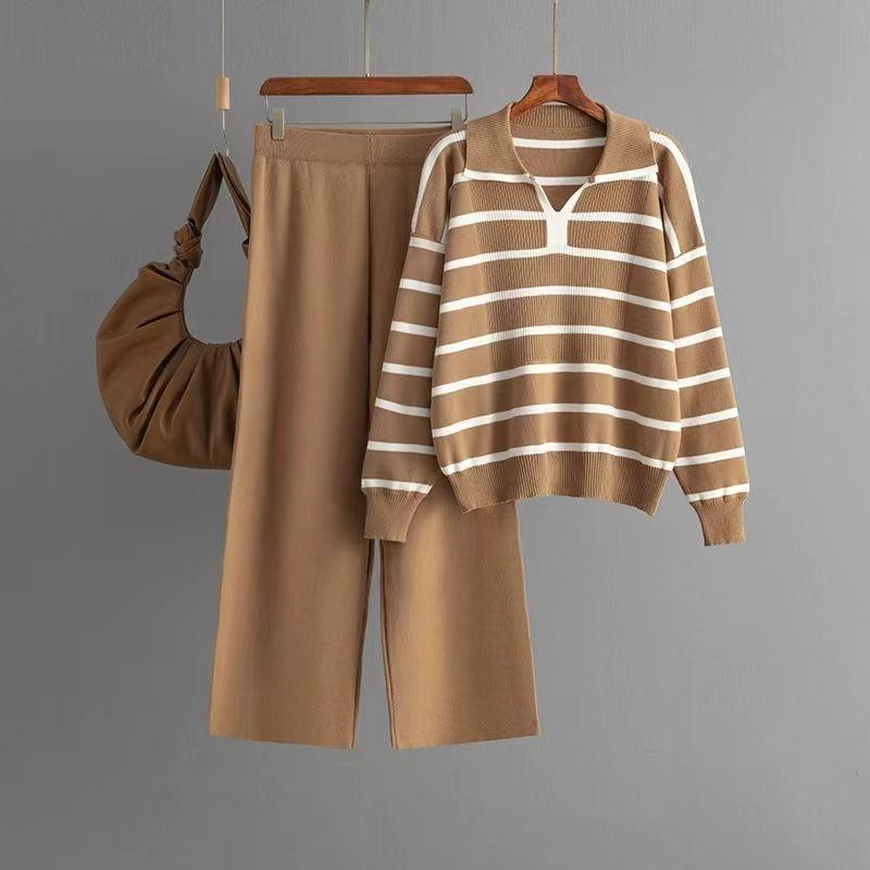 

Western Style Contrast Color Stripe V-neck Knitted Top Wide Leg Pants Set Knited Top and Pants Set CAMEL All yards