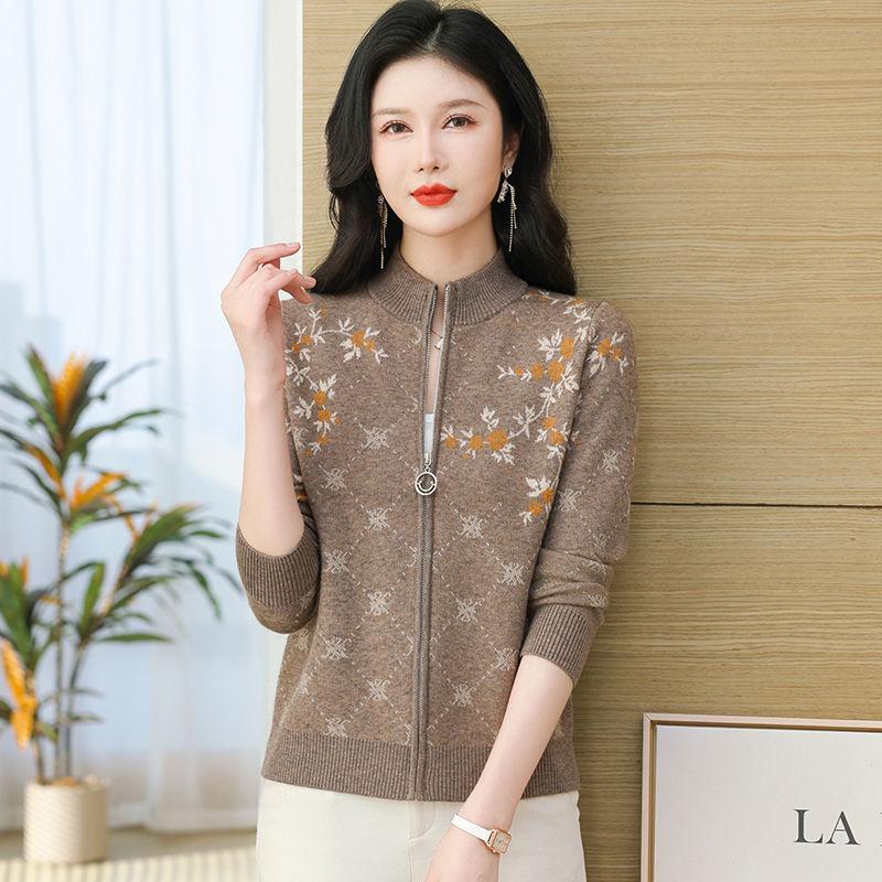 Women's Autumn Spring Jacket Stand Collar Cropped Top Knitted Cardigan Jacquard Loose