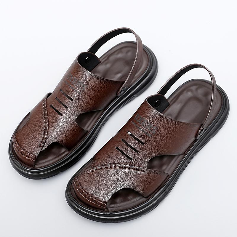 

Fashion 2025Summer Black/Brown Beach Slippers Cowhide Sandals Breathable Shoes Men Baotou Sandals Genuine Leather Non-Slip Outdoor Shoes 44