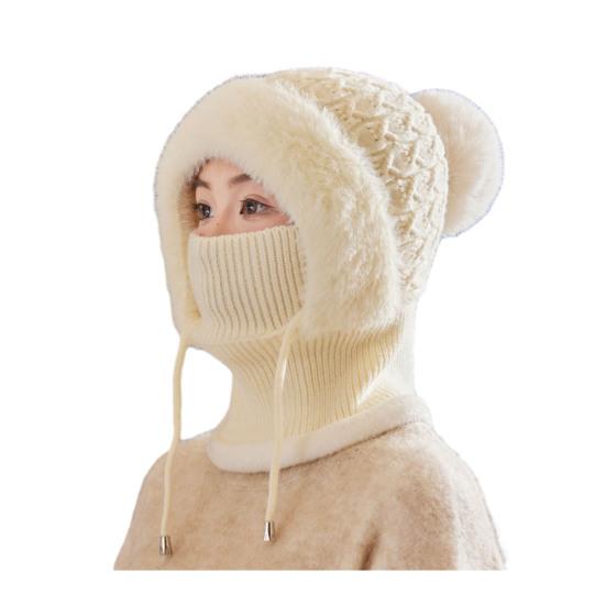 Knitting Hat Women Windproof Insulated Design Winter Hat with Plush Ball Unique Texture 3-in-1 Thickened Hat Face Guard Scarf