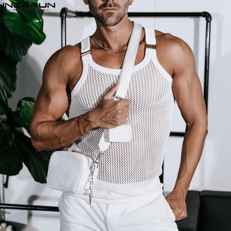 INCERUN Vară Bărbați Curea Fără Mâneci Decupat Plasă Transparentă Tricouri Tank de Plajă