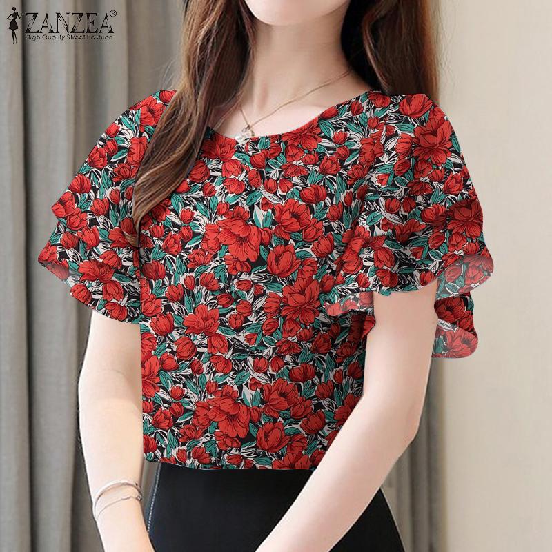 ZANZEA Women Casual O-neck Ruffles Short Sleeve Floral Print Blouse