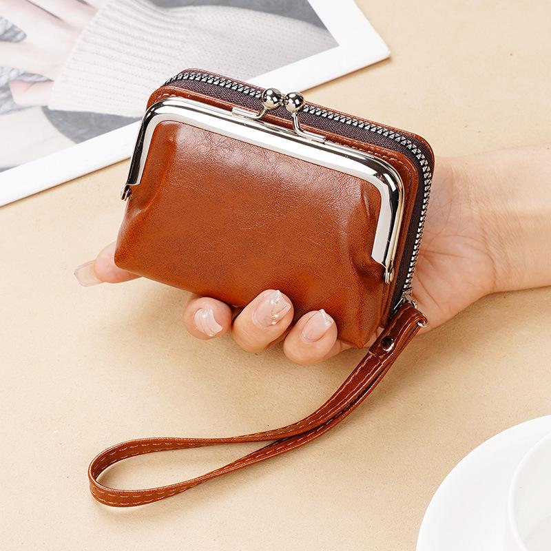 

Womens Wallet Small Ladies Compact PU Leather Vintage Card Holder Coin Purse With Zipper Vintage Clip Organ Wrist Bag коричневый