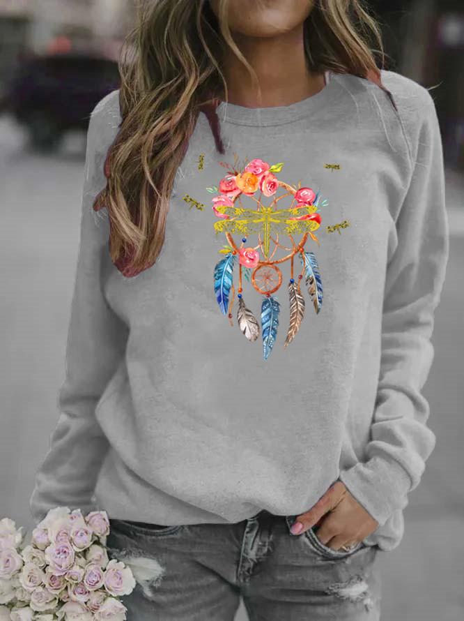 Women's Long Sleeve Round Neck Wind Chime Print Sweatshirt