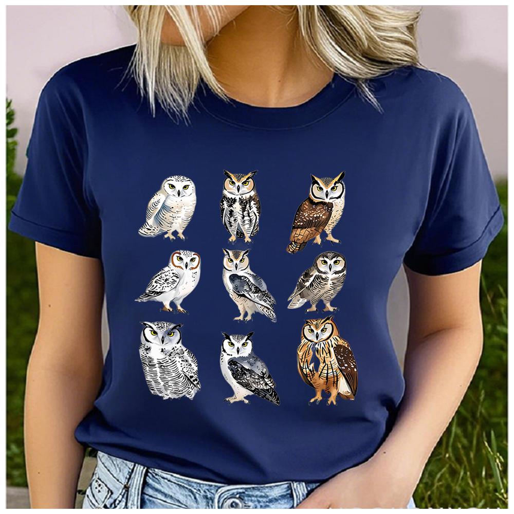 Unisex 100% Polyester Summer Top Different Breeds and Styles of Owls Print Loose Round Neck Short Sleeve Fashion for Lovers