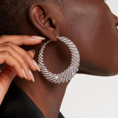 Silver Needle Exaggerated Full Diamond Round Hoop Earrings - High-End Fashion, Versatile Design for Women