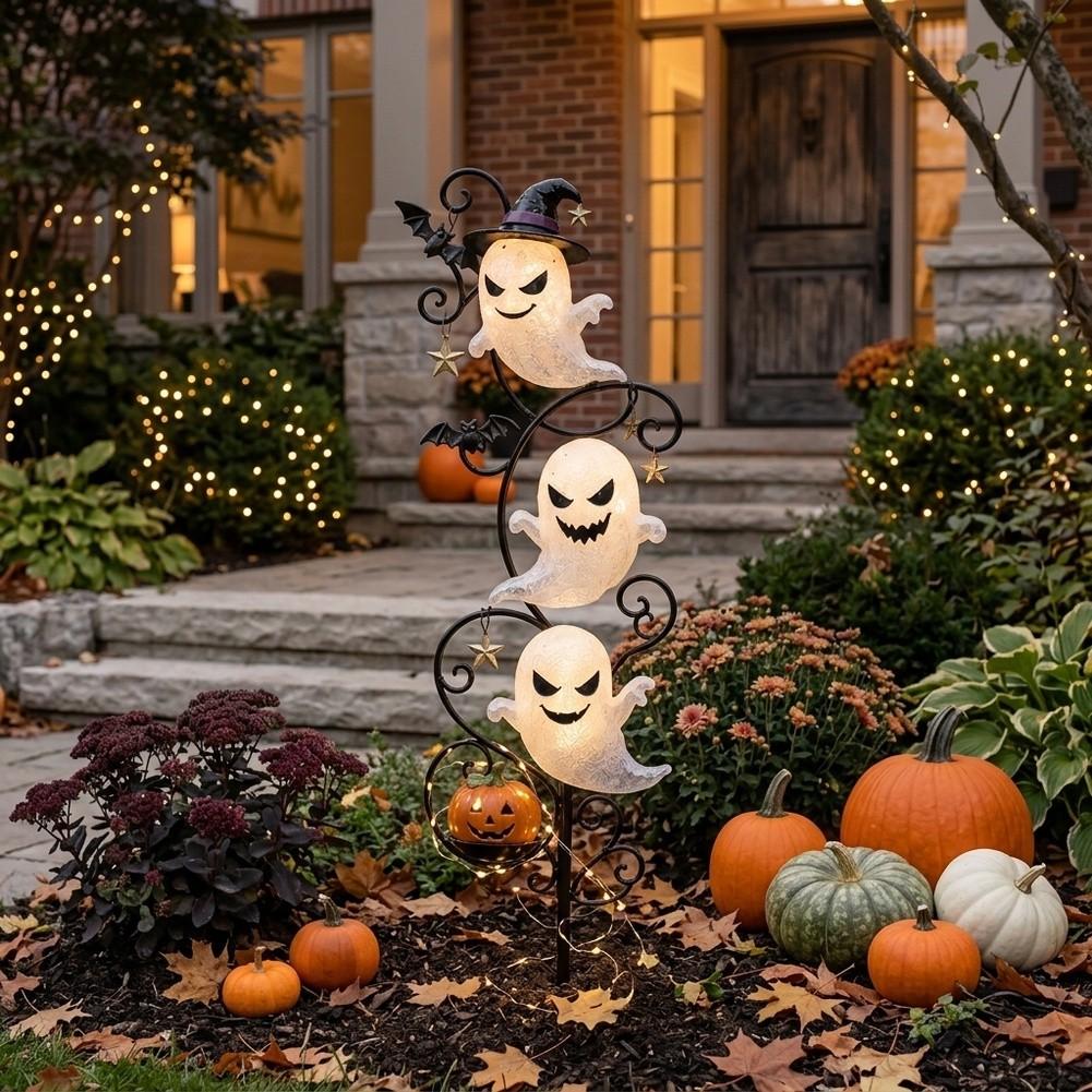 3 LED Lighted Halloween For Garden Stake with Witch Hat Bat Jack O Lantern Design for Yard Decor 45cm Metal Construction