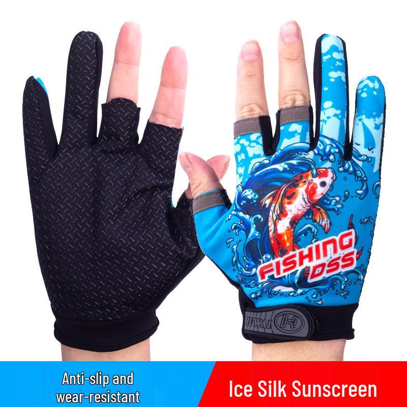 Men's Summer Sun Protection Anti-Slip Fingerless Fishing Gloves: Thin, Anti-Prick, Anti-Stab, Mosquito-Proof, Ice Silk Lure Design.