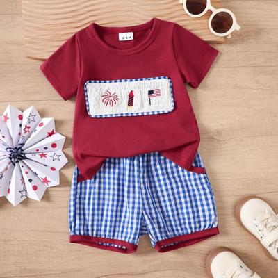 2025 Summer European & American Boys' Embroidered Tee and Plaid Shorts Set