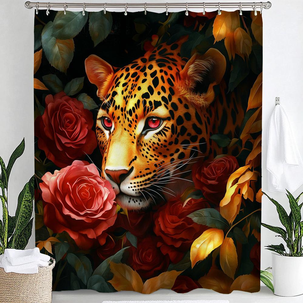 Tropical Plants, Flowers and Pink Leopards Print Waterproof Shower Curtain Hanging Curtain 12 Hooks Decoration Machine Washable