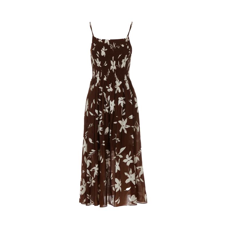 

LANCY Silk Blend Shirred Printed Midi Slip Dress